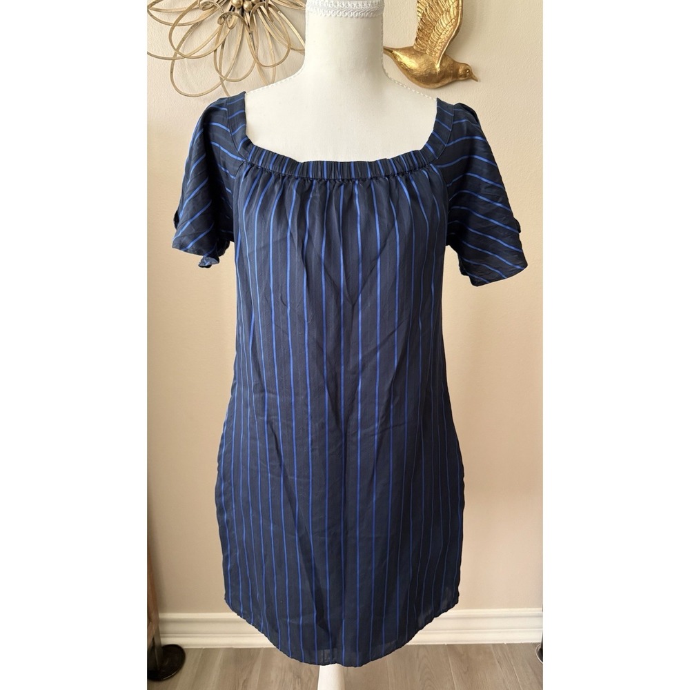 Banana Republic Dress Small Navy Blue Stripe Off Shoulder Lined Shift Mini